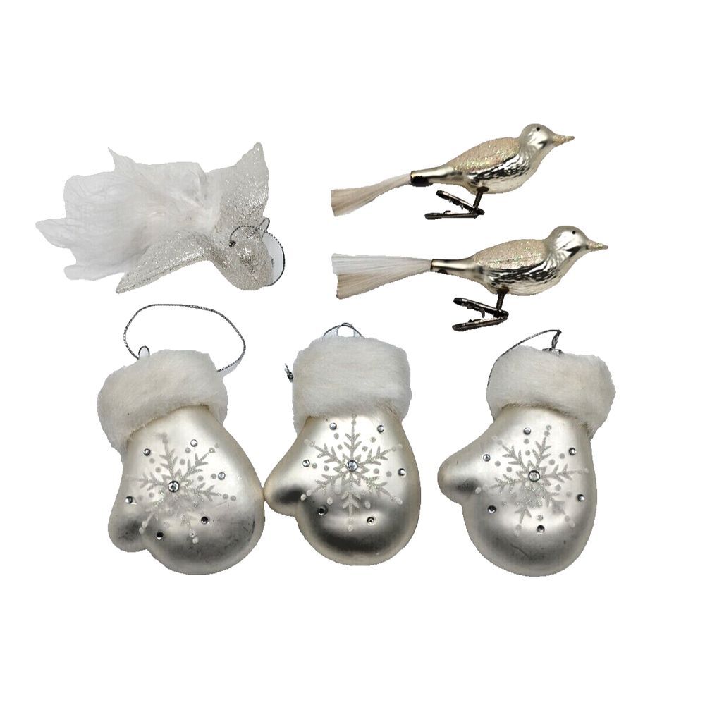 Lot of 6 Various White Blown Glass Ornament‎